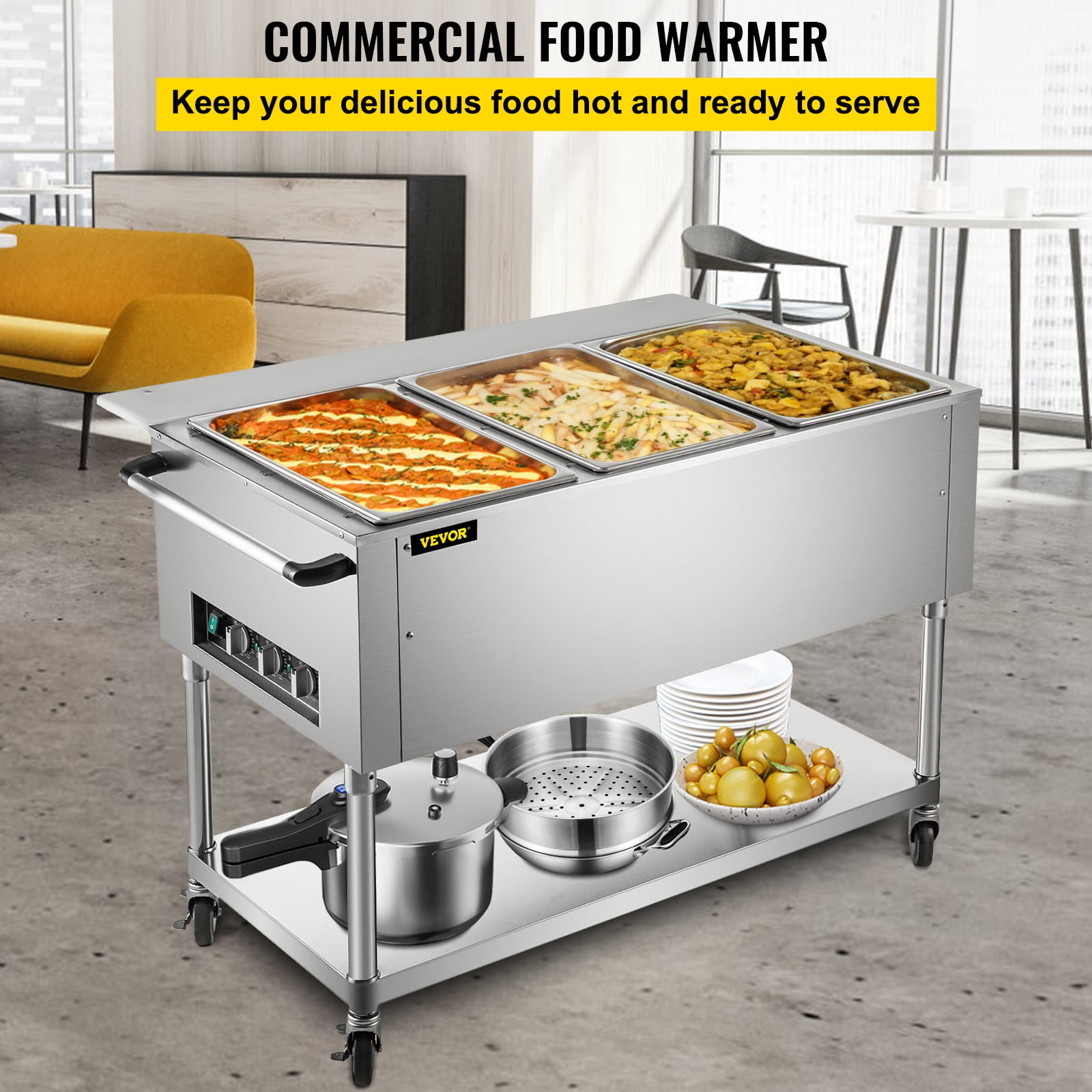 VEVOR Commercial Electric Food Warmer, 3-Pot Steam Table Food Warmer 0-100℃  with 4 Lockable Wheels, Professional Stainless Steel Material with ETL