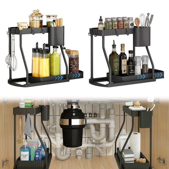 Merzark 2-Tier L-Shaped Pull Out Under Sink Storage Shelves, Matte Black, 2-Pack