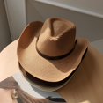 thumbnail image 3 of AYYUFE Random colors 3PCS  Hemming Wide Brim Straw Hat Western Cowgirl Jazz Sun Hat With Faux Leather Belt Decor  Accessories, 3 of 10