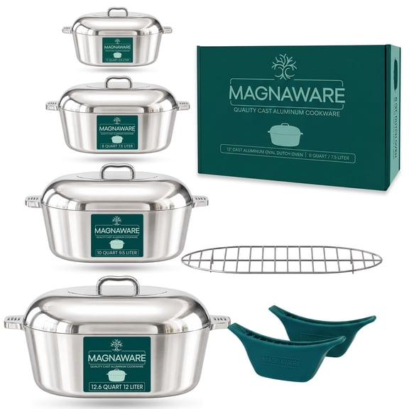 MAGNAWARE Ultimate Oval Collection – 4-Piece Cast Aluminum Oval Dutch Oven Set Includes 11", 13", 15" & 18" Ovals