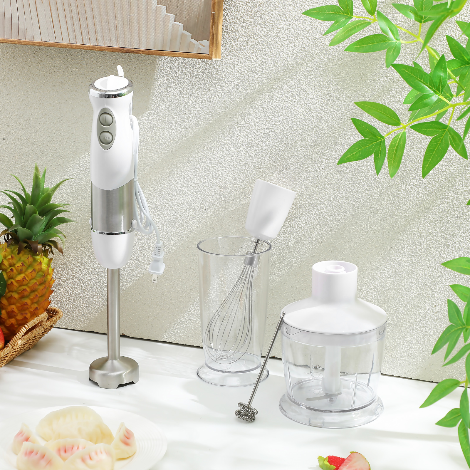 PAMINGONO White 5-in-1 Hand Blender Set – Electric Mixer Chopper Whisk Milk Frother for Soups, Sauces & Smoothies, US Plug