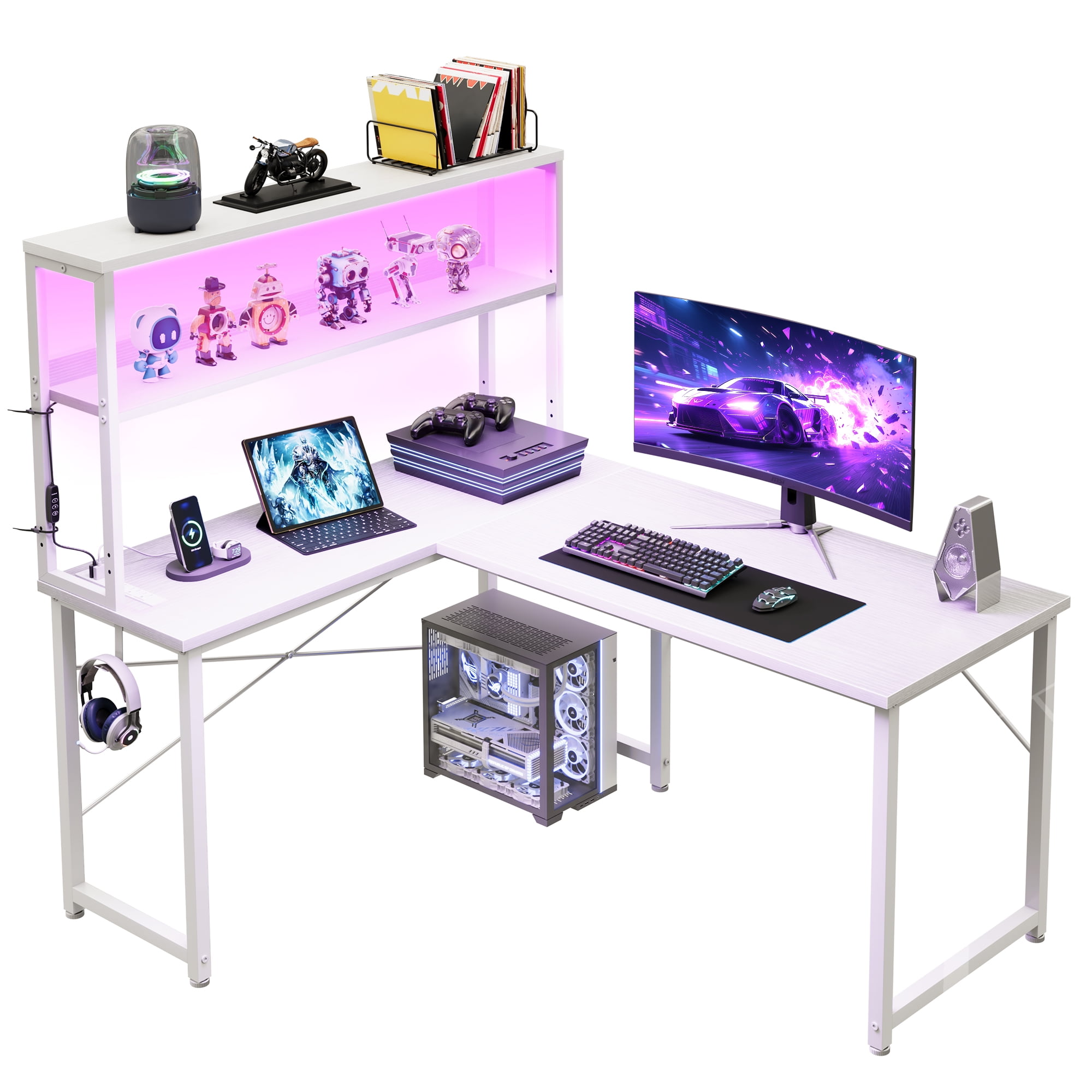 Casacomoda 43 Inch L Shaped Desk with LED Light & Power Outlet, Reversible L Shaped Computer Table with Shelf & Hook for Home Office, White