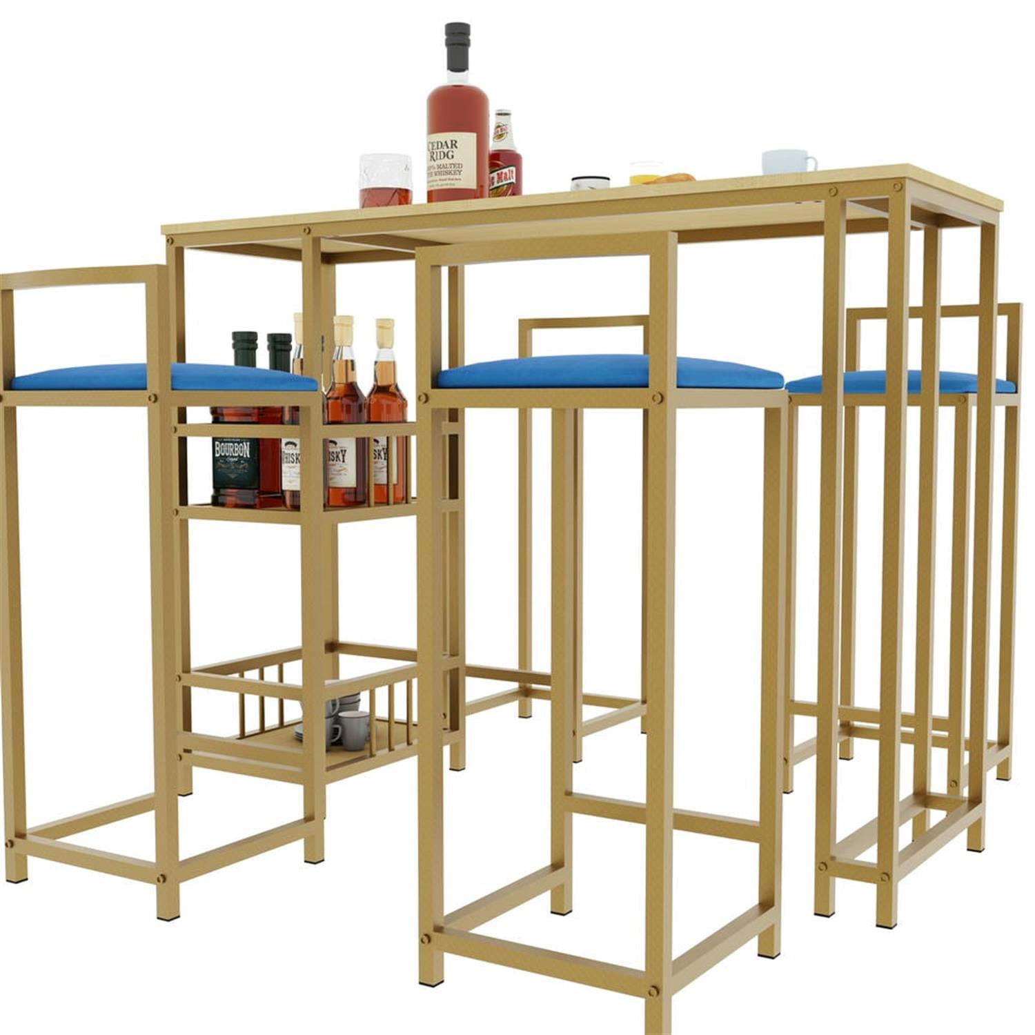 Demi Bonn 5-Piece Dining Table Set with 4 Upholstered Bar Stools and Storage, Kitchen Bar Table Furniture Sets for Dining Room, Apartment, Blue