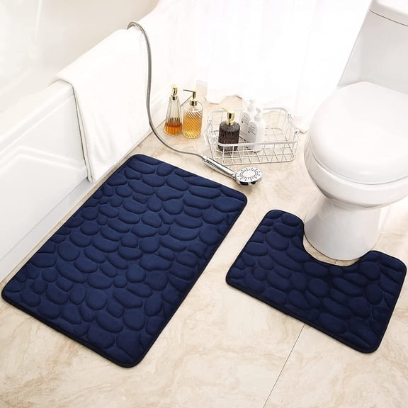 2 Piece Bathroom Rug Set, U-Shape Bathroom Non-Slip Pedestal Rug Bath Mat Shower Carpet Toilet Rug Washable,Blue