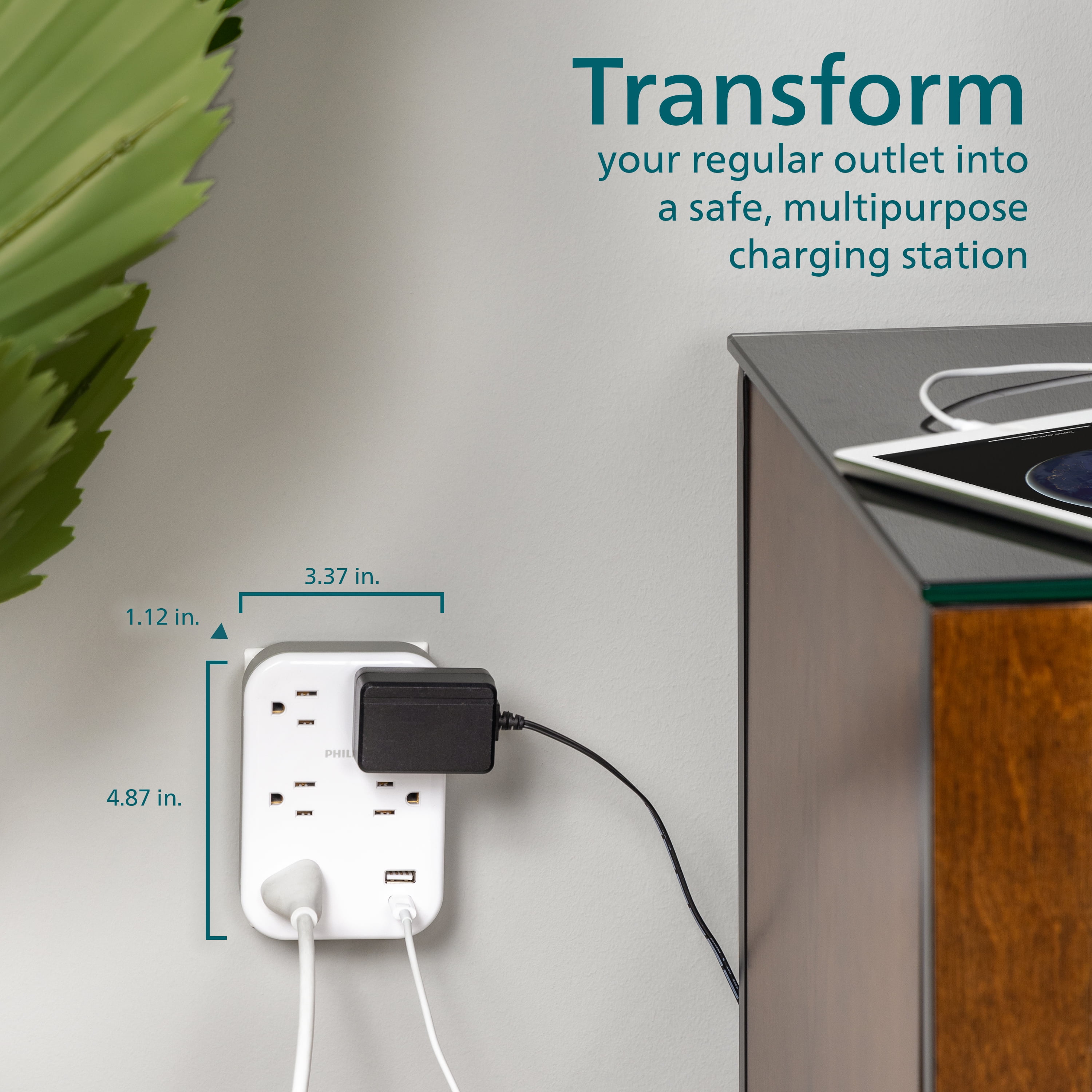 Philips 5 Outlet Surge Tap, Adapter Spaced, 1 USB-A, 1 USB-C, 17W, 900J, White