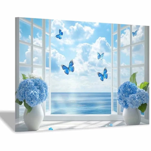 Mudket Framed Canvas Wall Art Blue Hydrangea Vase Bright Blue Butterfly Window Ocean Prints Wall Decor Floral Canvas Print Ready to Hang for Living Room Bedroom Farmhouse Decor - 12"L x 8"W
