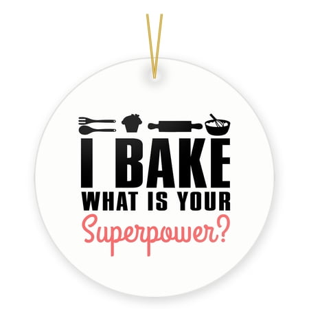 DistinctInk Hanging Ceramic Christmas Ornament - I Bake What is Your Superpower - Gold String 2-3/4 inch Diameter