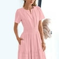 thumbnail image 6 of Formal Dresses for Women 2024 Women's Fashion Sexy Solid Short Sleeve V-Neck Pleated Dresses Long Dress Midi Maxi Dresses Elastic Waist Boho Beach Dress Pockets Mini Dresses for Women, 6 of 9