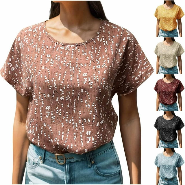 Qtocio Hauts Floraux pour Femmes, Chemise à Manches Courtes en Chiffon Col Rond avec Imprimé Intégral, Blouse Décontractée d'Été