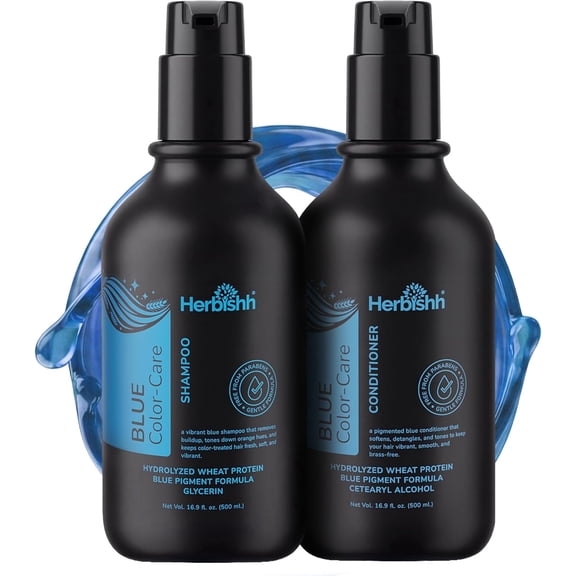 Herbishh Blue Shampoo & Conditioner Set (500 ml Each), Neutralizes Brassy & Orange Tones, Shampoo & Conditioner Duo for Brunette, Color Treated & Highlighted Hair, Hydrating Care to Enhance Shine