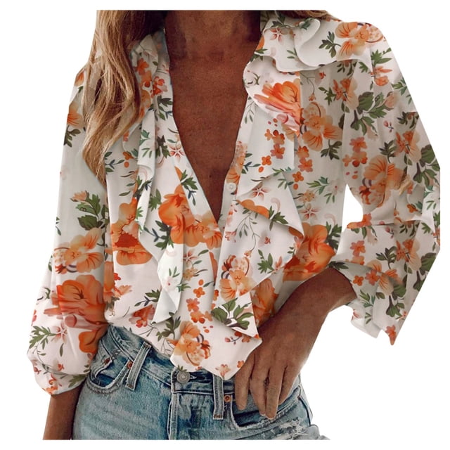 Gibobby Camisa Elegante Para Mujer Camisa De Cuello En V De Manga Larga Con Volantes Con Paneles De Mujer De Tamaño(Anaranjado, L)