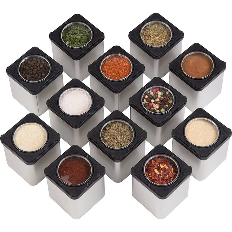 Set of 12 Magnetic Spice Jars with Sift-Pour Lids  Windowed Seasoning Tins  for Fridge & Cabinet Storage