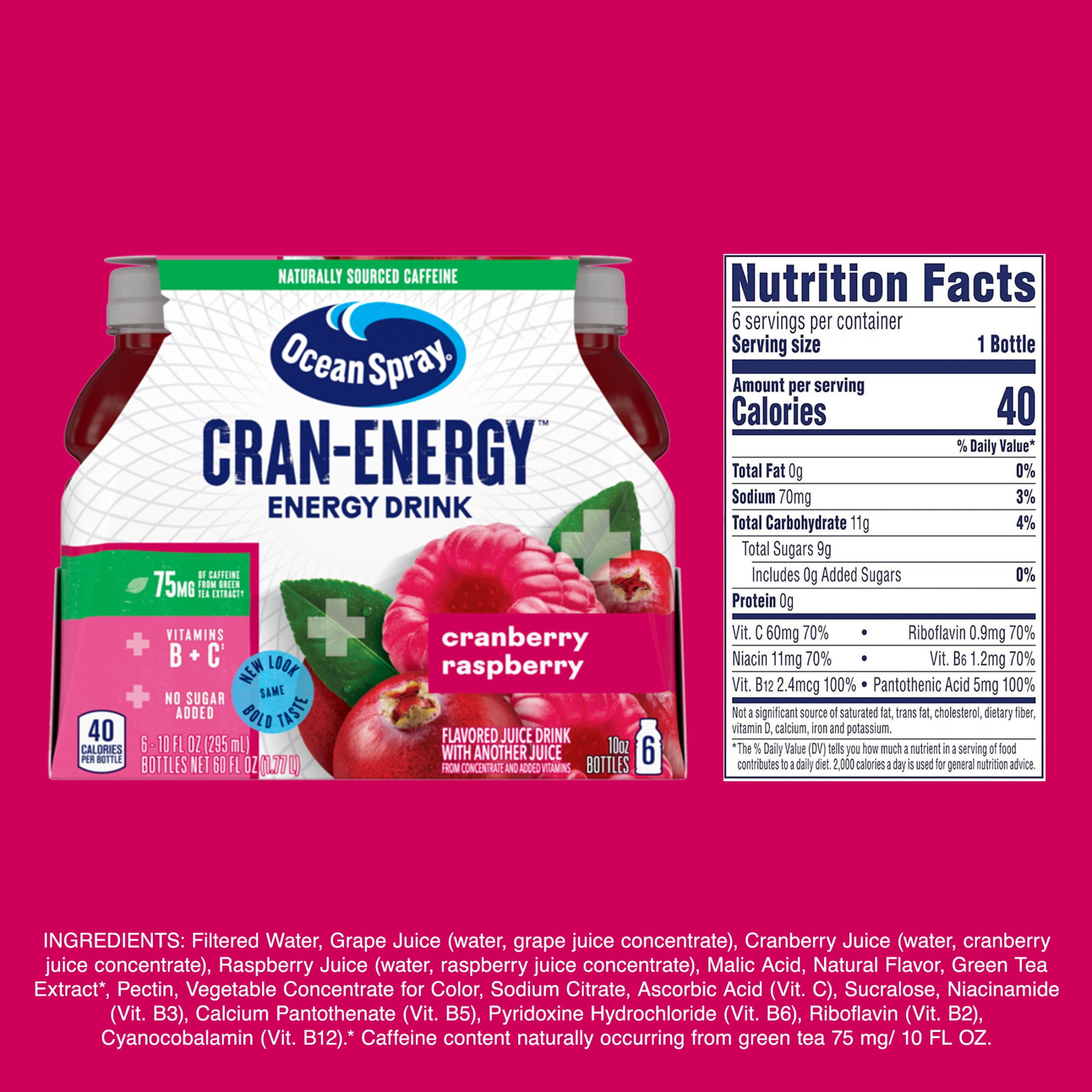 (4 pack) Ocean Spray® Cran-Energy™ Cranberry Raspberry Juice Drinks, 10 fl oz Bottles, 6 Count