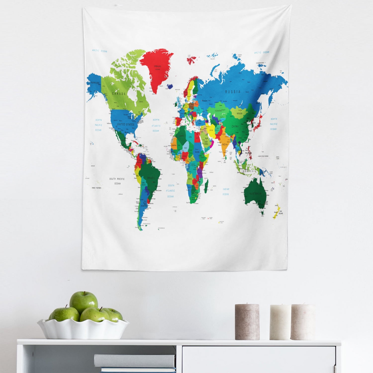World Map Tapestry, Colorful Political Map Borders Between Countries 