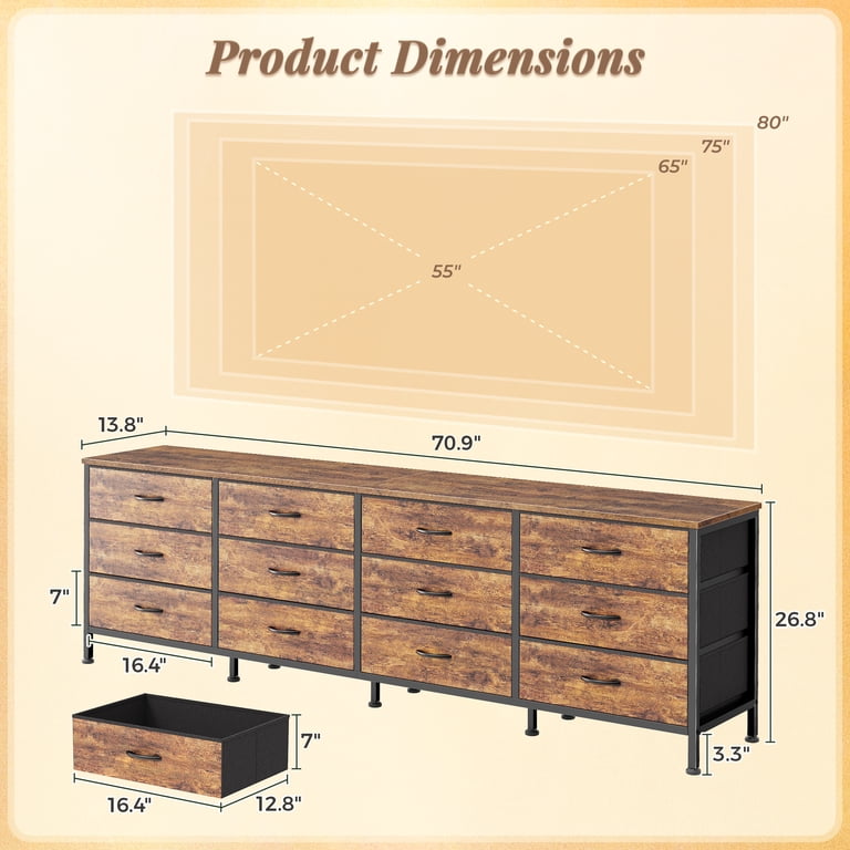 Amadwell 70" Dresser TV Stand, 12 Fabric Drawers, Rustic photo 6