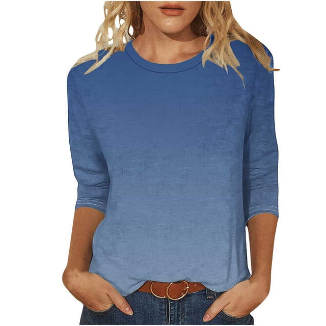 VSSSJ Hauts à Manches 3/4 pour Femmes Décontractés Tendance Dégradé Imprimé Manches Raglan Col Rond Coupe Décontractée Tunique Respirante T-Shirt Bleu P