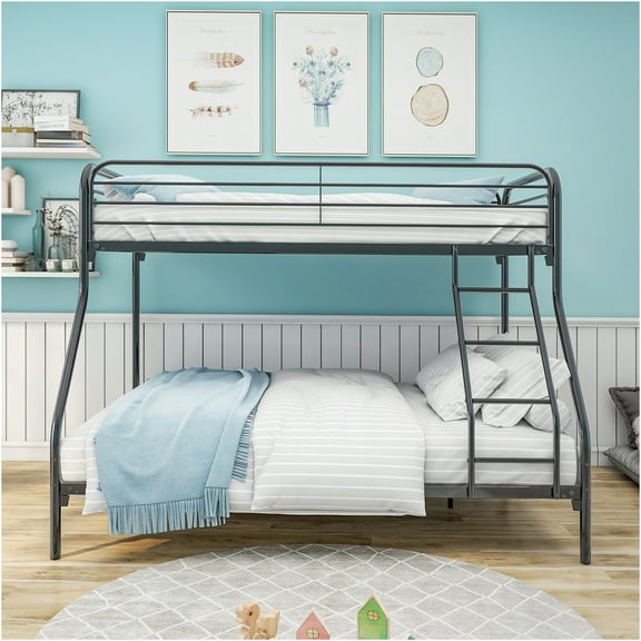 JERFIT Twin over Full Bunk Bed, Heavy Duty Metal Frame with Guardrail, No Box Spring Needed, Easy Assembly, Black