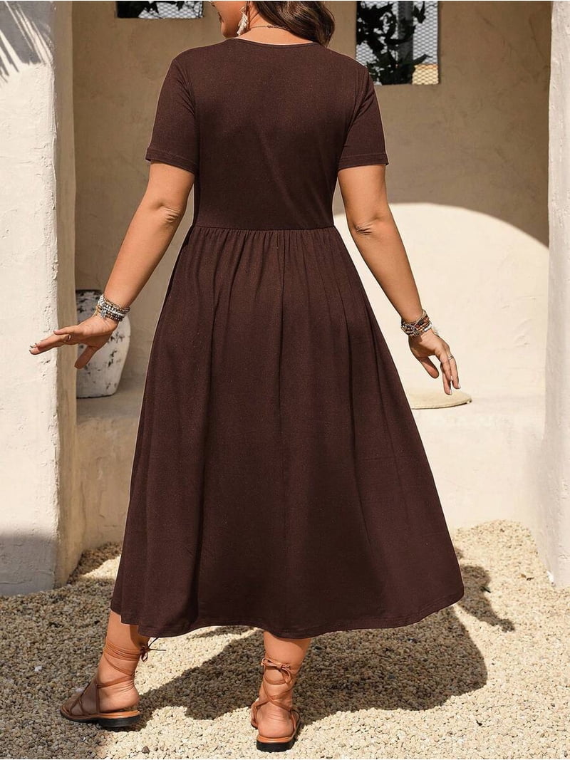 brown plus size a-line dress ZANKLEY Women's Plus Size Chiffon Long Sleeve Elastic Waist A-Line Knee Length Wedding Guest Dresses Pleated Long Dress, Size: 2XL, Blue