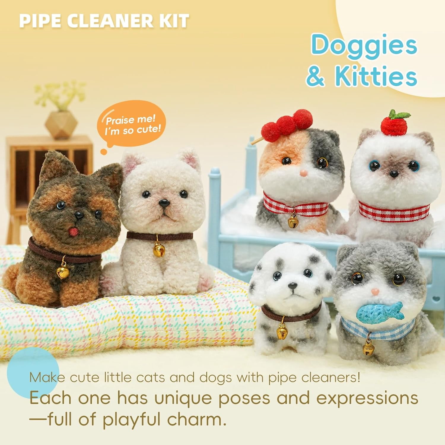Pipe Cleaners Craft kit, A Pipe Cleaner kit Suitable for Beginners. It Includes a Kits for Making The Shapes of 6 Animal and Comes with Simple and Easy-to-Understand Video tutorials(Cat and Dog)