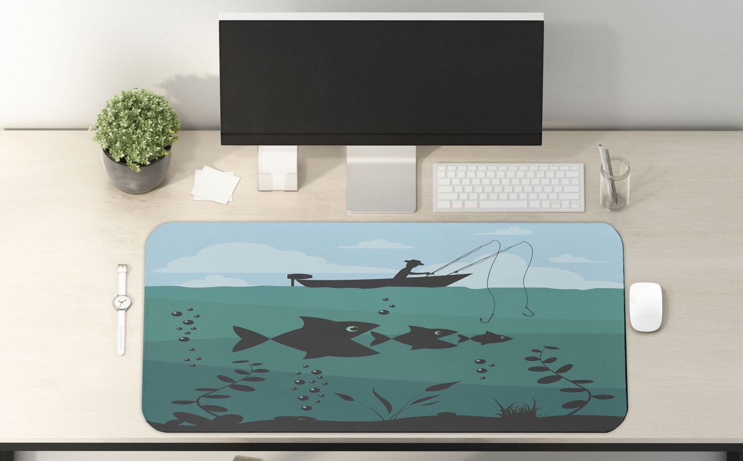 Fishing Computer Mouse Pad, Single Man in Boat Luring Bobbins Nautical  Marine Sea Nature Funky Image Print, Rectangle Non-Slip Rubber Mousepad  X-Large, 35 x 15 Gaming Size, Blue Teal, by Ambesonne 