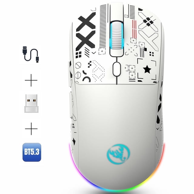 UHM Ratón para Juegos Wirelss, Computer Mice Recargable Trimodo 2,4g/bluetooth/usb-c con Silencioso, 6 Botones Macro, Diseño Ergonómico, Dpi Ajustable, 6 Modos LED RGB para Pc/mac/Laptop, Blanco