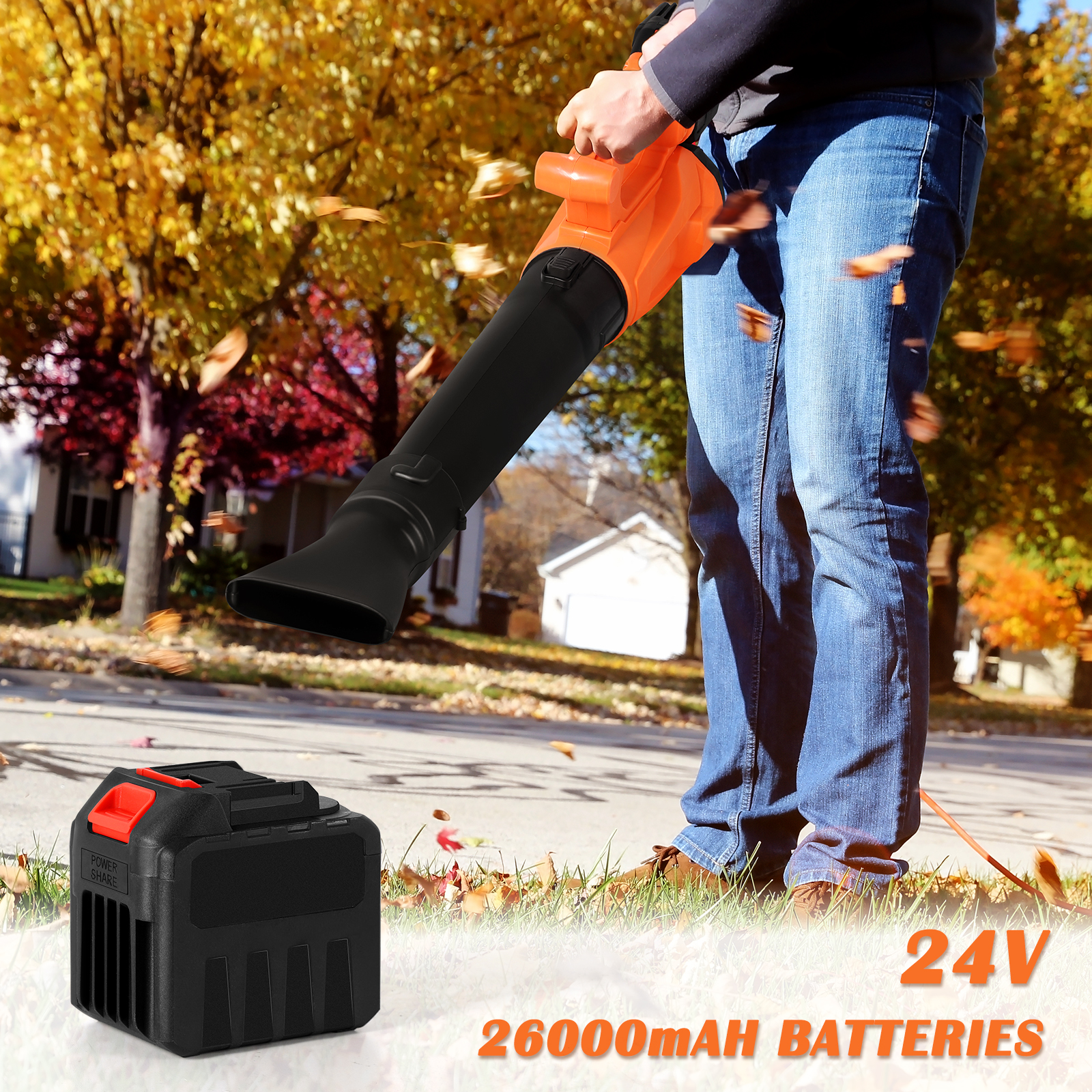 24V Cordless Leaf Blower, 540 CFM Electric Leaf Blower for Lawn Care, 12000rpm and 6 Speeds with Battery, Fast Charger, Orange