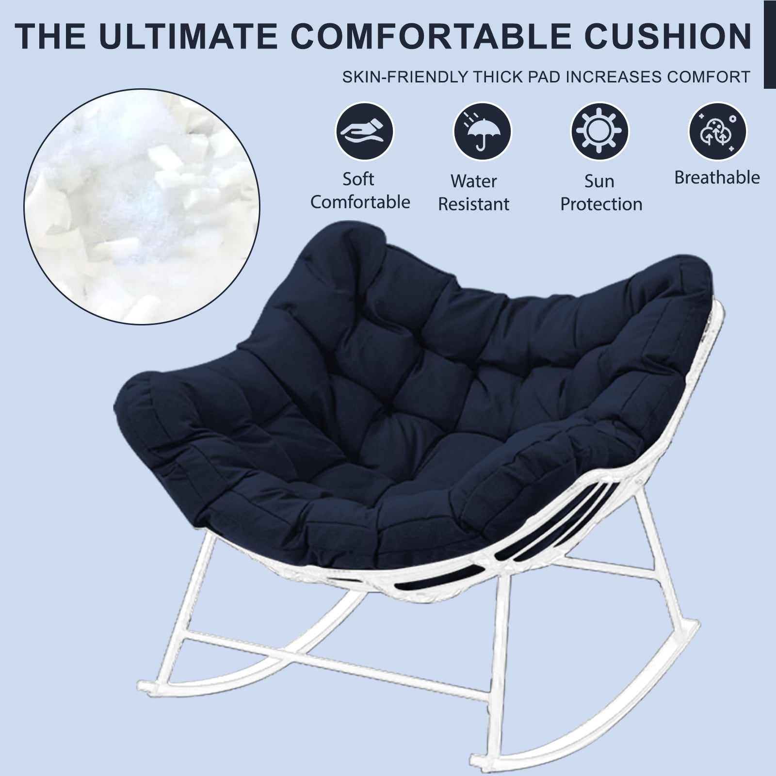 XXLYY Outdoor Rocking Chair Cushions – 6.3" Thick Waterproof Papasan Egg Chair Pad with Ties, Comfortable Round Seat Cushion for Living Room, Patio, Porch, or Balcony