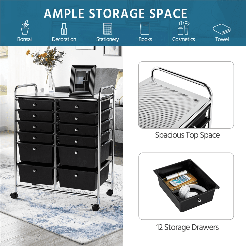 Alden Design 12 Drawer Rolling Storage Cart Organizer with Lockable Wheels, Black