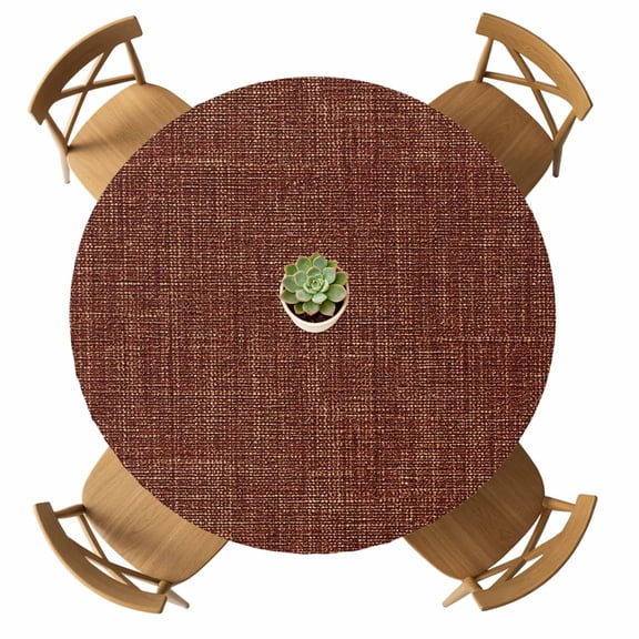 Round Fitted Tablecloth with Elastic Brown Linen Texture Tablecloths Waterproof Oil Proof Vintage Solid Color Table Cover for Kitchen Dinner Holiday Party Picnic Fits Tables up to 36"- 44" Diameter