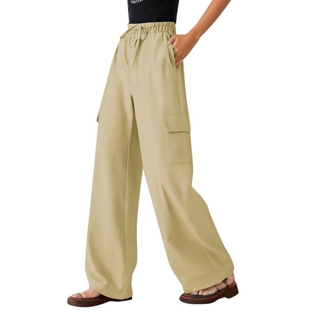 Pantalones palazzo de mujer de cintura alta y pierna ancha - Cordón elástico, pantalones de playa fluidos - Outfits de vacaciones S-XXL