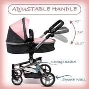 Dolls To Play Convertible Baby Doll Stroller 2-in-1 Pretend Play Pram with Adjustable Handle, Basket & Bag, Pink