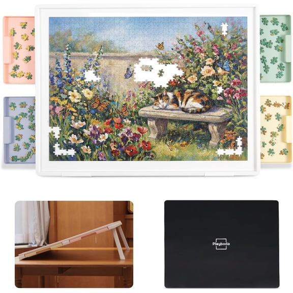 1000-Piece Tilting Puzzle Board (30"x22") with 4 Color Drawers and Protective Mat, Adjustable Puzzle Table with Built-in Stand
