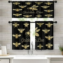 Honey Bee Kitchen Curtains Golden Black Window Curtains Valance and Tier Set 36 Inch, Summer Rod Pocket Short Tier Curtain for Bedroom Living Room, Modern Small Cafe Kitchen Decor