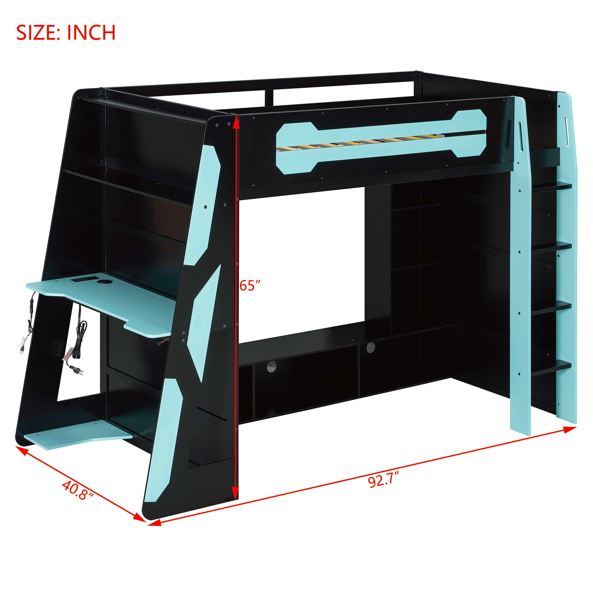 Mintazer Twin Size Gaming Loft Bed with Desk, LED Light & Charging Station, Kids Platform Bed Frame with Storage Shelves for Teens, Black & Blue