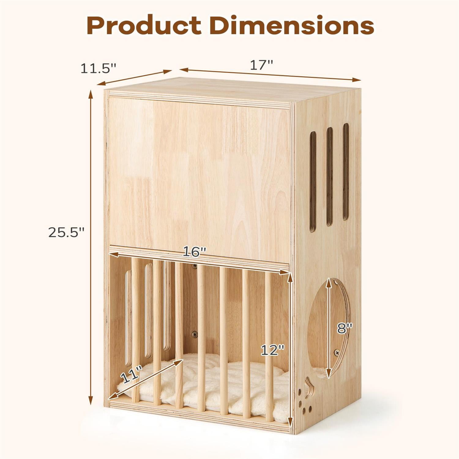 Pefilos 2-Tier Wooden Cat Condo, Symmetrical Design & Removable Cushions, Pine Poles & Air Vents, Brown
