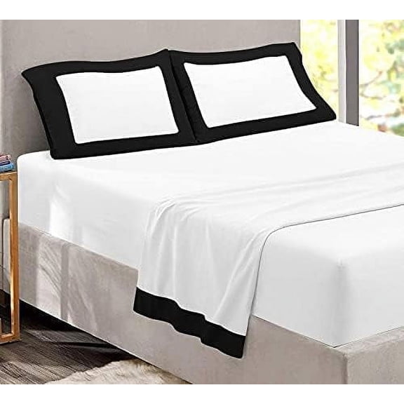 Dual Tone Sheet Set 4 Piece - 400 Thread Count - 12" Deep Pocket - 100% Egyptian Cotton - Cool and Breathable - Dual Color Sheet Set - Black & White Solid, Twin Size.