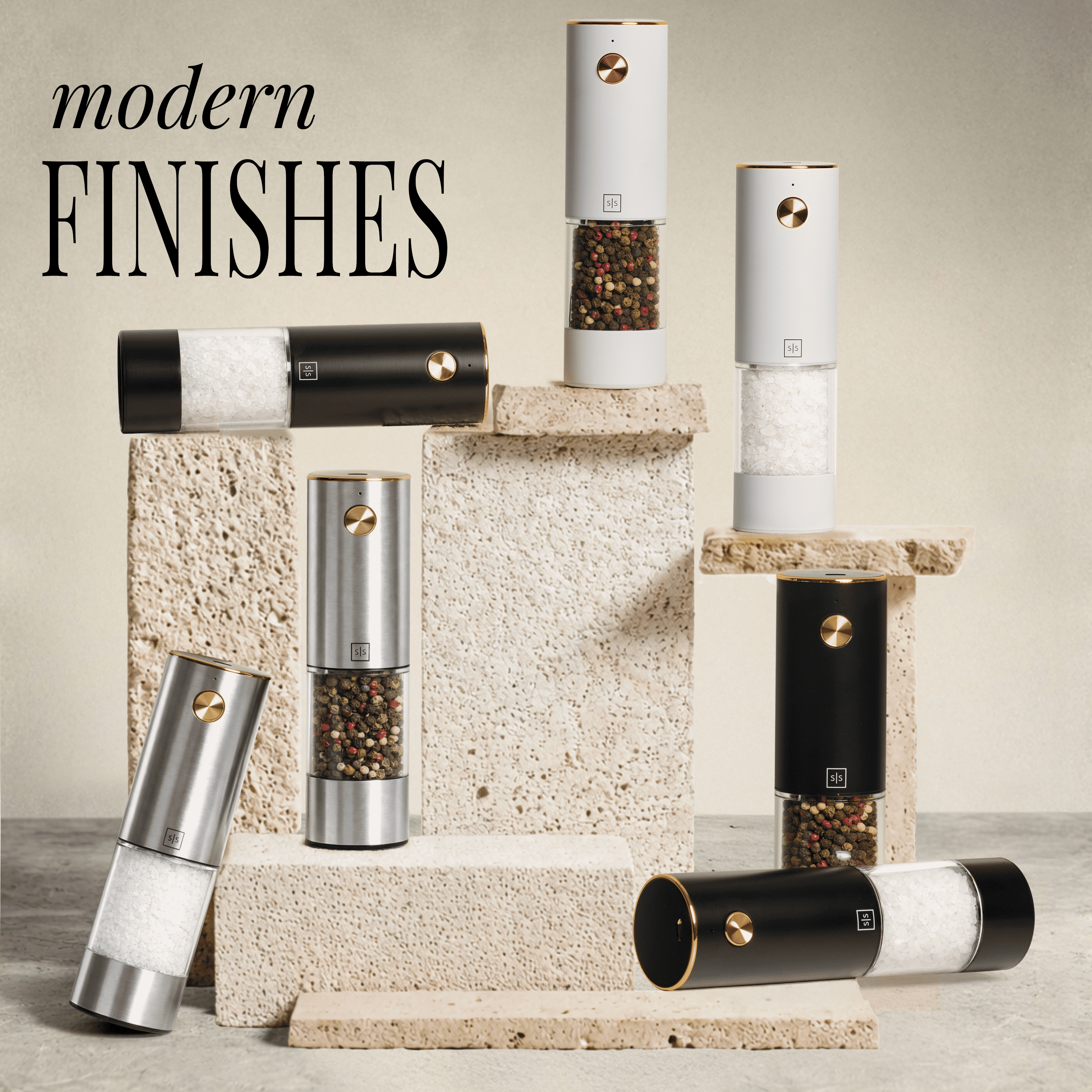 Rechargeable Electric Salt and Pepper Grinder Set – White Stainless Steel, USB-C Charging, Adjustable Coarseness, LED Light