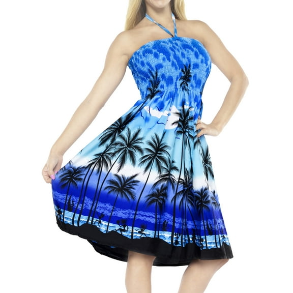 HAPPY BAY Women's Summer Boho Beach Backless Smocked Mini Flowy Dress Tube Top Strapless Dresses for Women One Size Navy, Palm Tree View