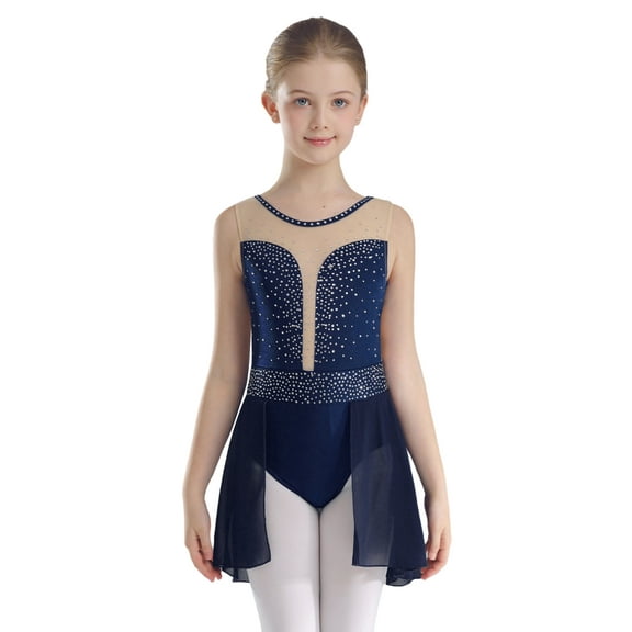 TSSOE Girls Ice Skating Dress Backless Leotard for Girls Gymnastic Performance Figure Skating Competition Costume Navy Blue 14