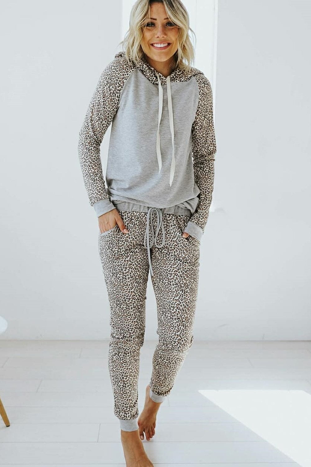 Casual Women Gray Leopard Print Hoodie 
