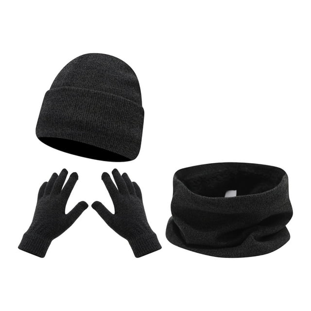 MIASHUI Women's Scarf, Hat, and Gloves Three-Piece Set Winter Outdoor Riding Skiing Cold Protection Solid Color Knit Hat Warm Set Black