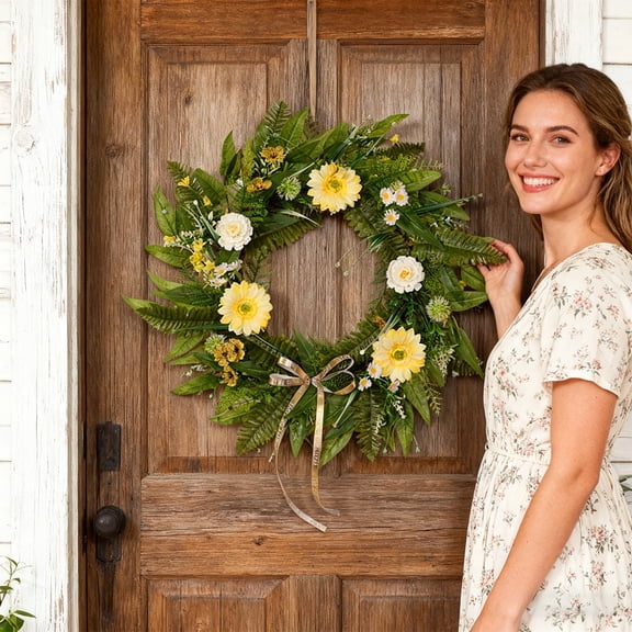 22 Inch 3D Faux Daisy Wreath - With 3D Faux Fern Leaves, Natural Greenery, For Home Wall & Door Decor, Spring Summer Seasonal Hanging Accent - For Indoor Outdoor Living Room,