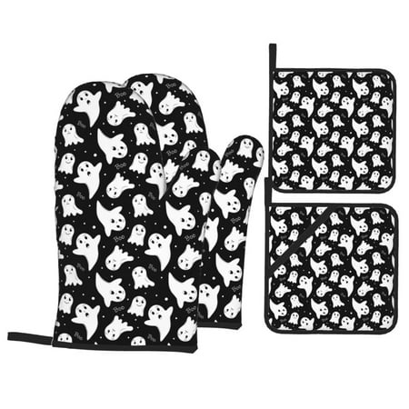 

Oven Mitts and Pot Holders Sets 4 pcs cute halloween ghost fun Non-Slip Oven Gloves Potholders Soft Quilted Lining Heat Resistant Gloves Hot Pads for Kitchen Cooking Baking