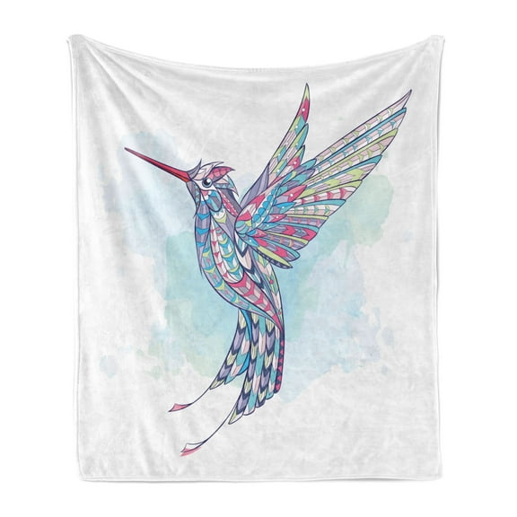 Hummingbird Soft Flannel Fleece Throw Blanket, Zentangle Ornamental Abstract Healer Joy Luck Love Bird Motif, Cozy Plush for Indoor and Outdoor Use, 60" x 80", White and Multicolor, by Ambesonne