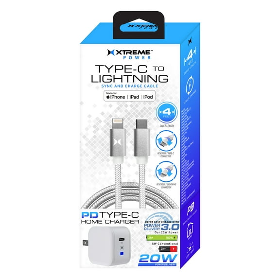 Xtreme White Type-C 20W Home Charger and 4ft Lightning To Type-C Cable, Repower Devices