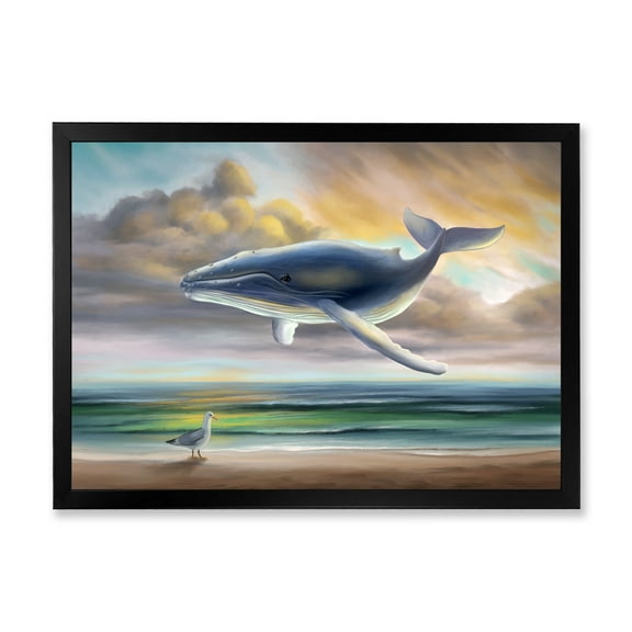 Designart 'Whale Floating In The Sky Over Beach' Children's Art Framed Art Print