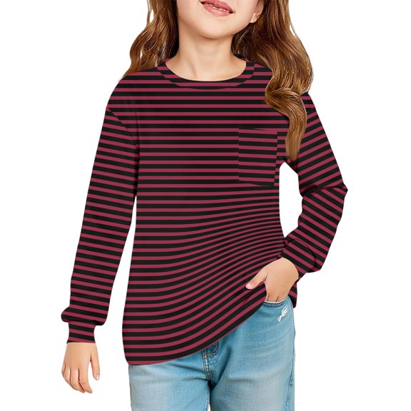 Abcomgle Girls Long Sleeve Shirts 7-8 Crewneck Fall T Shirts for Girls Casual Basic Girls Tops Cotton Striped Blouses for Girls with Pocket