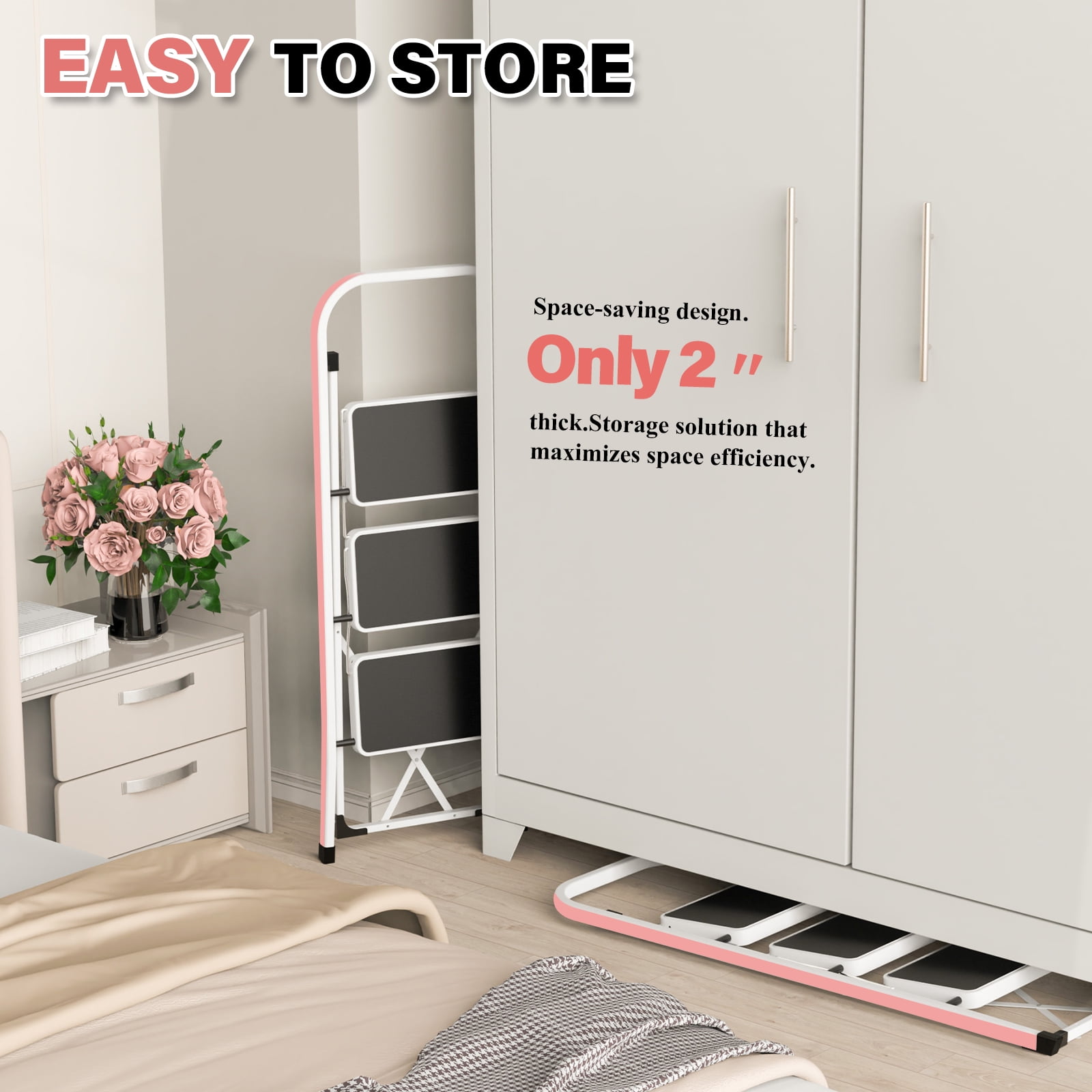 HBTower 3 Step Ladder, Lightweight Folding Step Stools for Adults with Anti-Slip Pedal, Portable Sturdy Steel Ladder with Handrails, Perfect for Kitchen & Household, 330 lbs Capacity, White