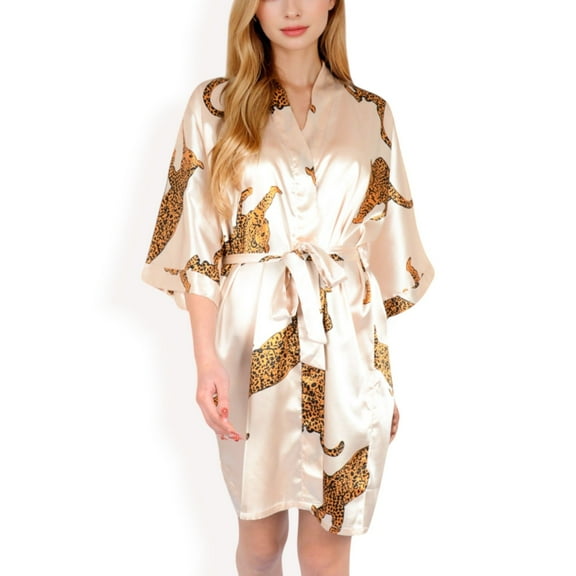 Women's Satin Robe with Leopard Print and Tie Waist- Beige,Small