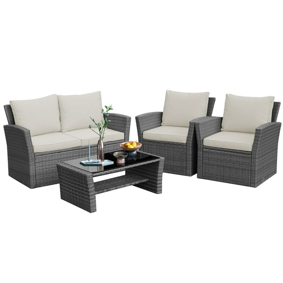 Patiojoy 4-Piece Rattan Wicker Patio Outdoor Furniture Sofa Set with Cushions & Tempered Glass Table